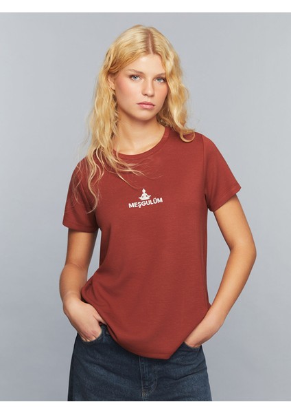 Yeni Sezon Bisiklet Yaka Slogan Baskılı Kadın Tişört