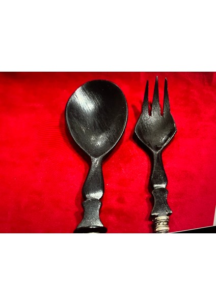 Gümüş Saplı Abanoz Ağacından Avrupa Servis Seti 24,5 cm Boylarında