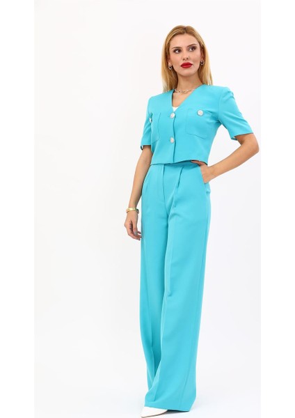 V Yaka Kısa Ceket & Korsaj Kemer Palazzo Pantolon-Turkuaz