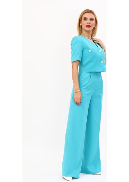 V Yaka Kısa Ceket & Korsaj Kemer Palazzo Pantolon-Turkuaz modelleri