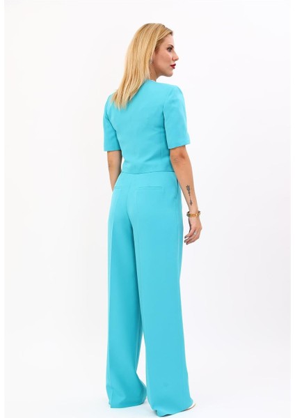 V Yaka Kısa Ceket & Korsaj Kemer Palazzo Pantolon-Turkuaz fırsatları