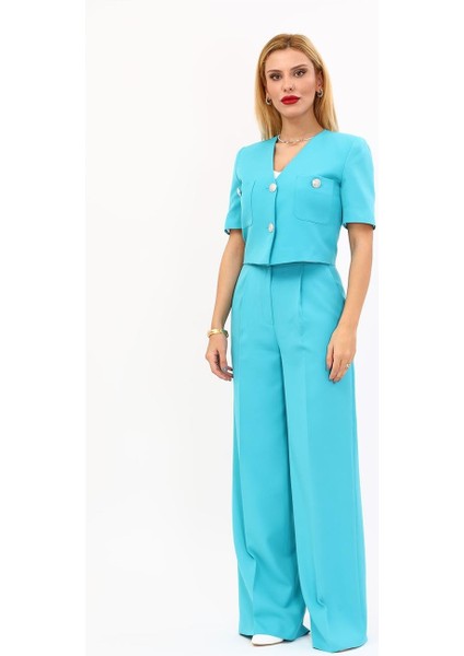 V Yaka Kısa Ceket & Korsaj Kemer Palazzo Pantolon-Turkuaz indirimleri