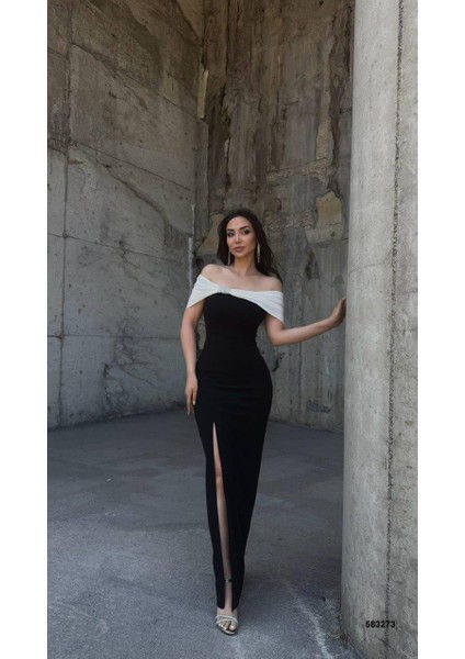 Esnek Krep Kumaş Fiyonk & Taş Detaylı Abiye Elbise 583273 Siyah