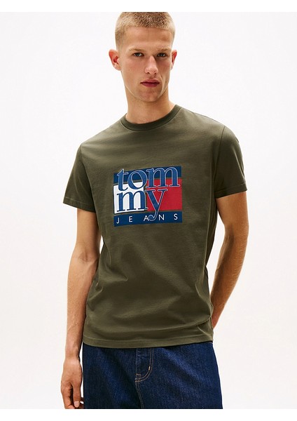 Tommy Hılfıger Erkek Marka Logolu Organik Pamuklu Bisiklet Yakalı Günlük Kullanıma Uygun Yeşil T-Shirt DM0DM21977 Mrh