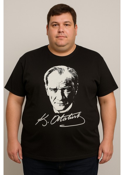 Atatürk Baskılı Unisex Büyük Beden Siyah Tişört | %100 Pamuk | Bisiklet Yaka indirimleri