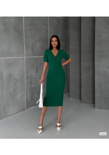Kruvaze Yaka Kısa Kol Kalem Elbise Zümrüt 582868 fiyatları