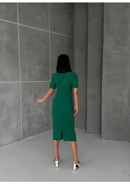 Kruvaze Yaka Kısa Kol Kalem Elbise Zümrüt 582868 fırsatları