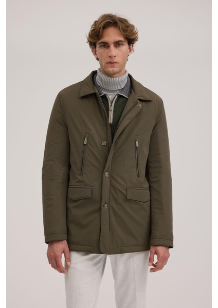 Haki Comfort Fit Bebe Yaka Fermuarlı Mont