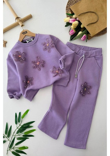 Zambak Tül Detaylı Kışlık Kız Çocuk 2 li takım - Mor