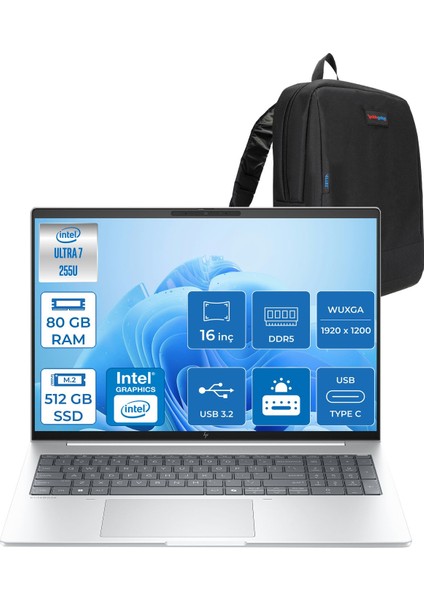 Elitebook 8 G1I Intel® Core Ultra 7 255U 80GB Ddr5 512GB SSD 16" Wuxga (1920X1200) IPS 300NIT Freedos Taşınabilir Bilgisayar C9FG8ETF22+ZETTAÇANTA