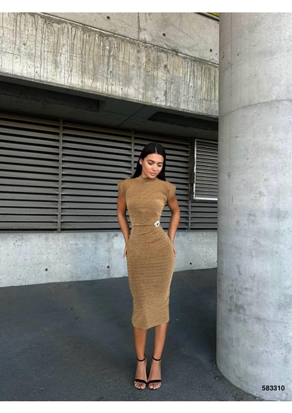 Flowers Yarım Balıkçı Yaka Broş Detaylı Midi Abiye Elbise 583310 Gold