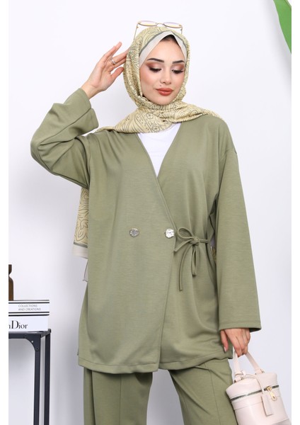 Haki Bağlama Detaylı Tunik Pantolonlu Takım modelleri