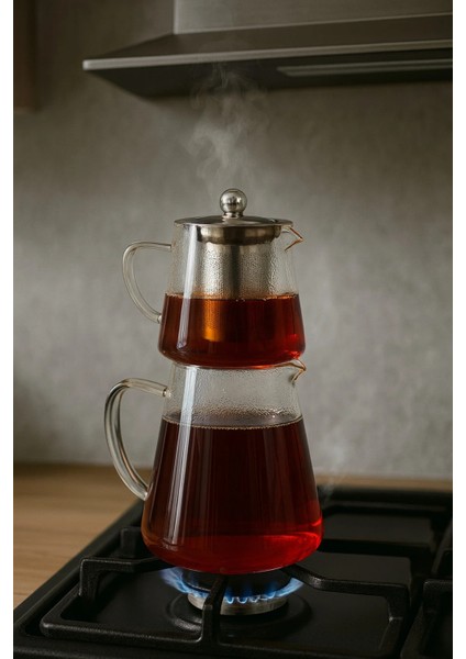 1750 ml Borosilikat Cam Tombul Çaydanlık Demlikli Isıya Dayanıklı Indüksiyon