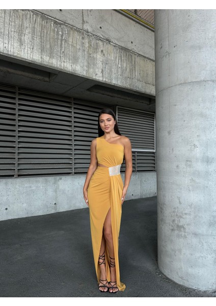 Tek Omuz Detaylı Sandy Kumaş Elbise 583181 Sarı