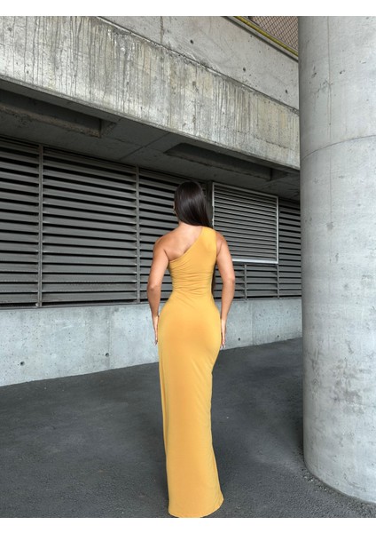 Tek Omuz Detaylı Sandy Kumaş Elbise 583181 Sarı modelleri