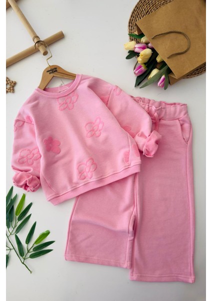 Simli Papatya Detaylı Kız Çocuk Oversize 2 li takım - Pembe