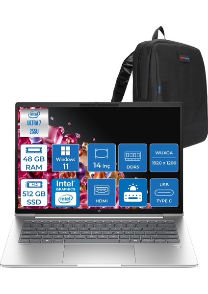 Probook 4 G1I Intel® Core Ultra 7 255U 48GB Ddr5 512GB SSD 14" Wuxga (1920 x 1200), IPS 300 Nits WIN11PRO Taşınabilir Bilgisayar C9FH1ETP12+ZETTAÇANTA