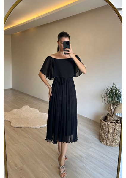 Kadın Omzu Açık Piliseli Midi Şifon Elbise NM006