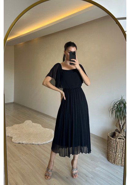 Kadın Omzu Açık Piliseli Midi Şifon Elbise NM006 fiyatları