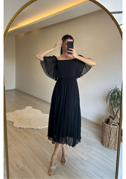 Kadın Omzu Açık Piliseli Midi Şifon Elbise NM006 modelleri