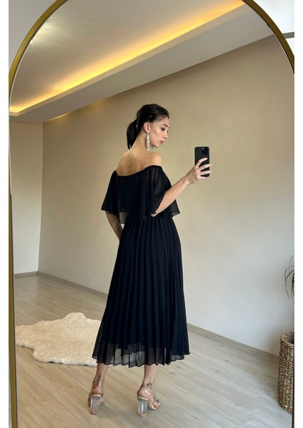 Kadın Omzu Açık Piliseli Midi Şifon Elbise NM006 fırsatları