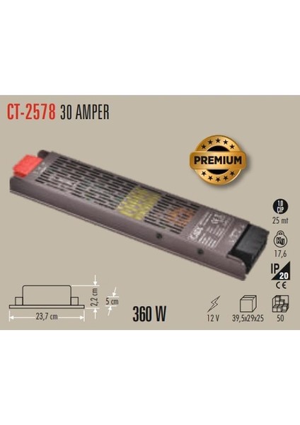 CT-2578 30 Amper 12V Şerit LED Trafosu (360W) (Slım-Fansız)