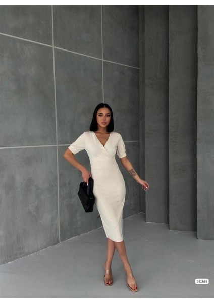 Kruvaze Yaka Kısa Kol Kalem Elbise Bej 582868