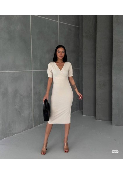 Kruvaze Yaka Kısa Kol Kalem Elbise Bej 582868 fiyatları