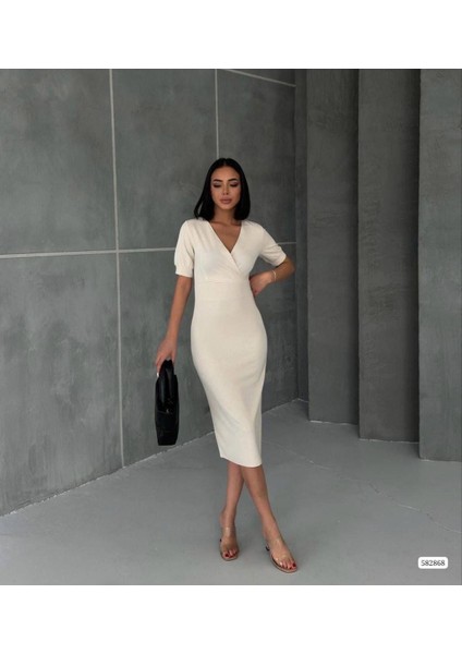 Kruvaze Yaka Kısa Kol Kalem Elbise Bej 582868 modelleri