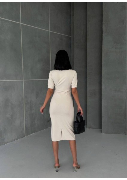 Kruvaze Yaka Kısa Kol Kalem Elbise Bej 582868 fırsatları
