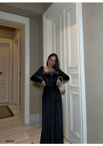 Esnek Simli Kadife Kare Yaka Taş ve Kemer Detaylı Abiye Elbise 583122 Siyah fiyatları