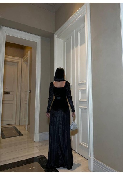 Esnek Simli Kadife Kare Yaka Taş ve Kemer Detaylı Abiye Elbise 583122 Siyah modelleri