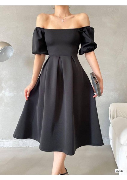 Kare Yaka Balon Kol Kloş Elbise Siyah 582613