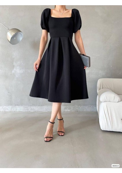 Kare Yaka Balon Kol Kloş Elbise Siyah 582613 modelleri