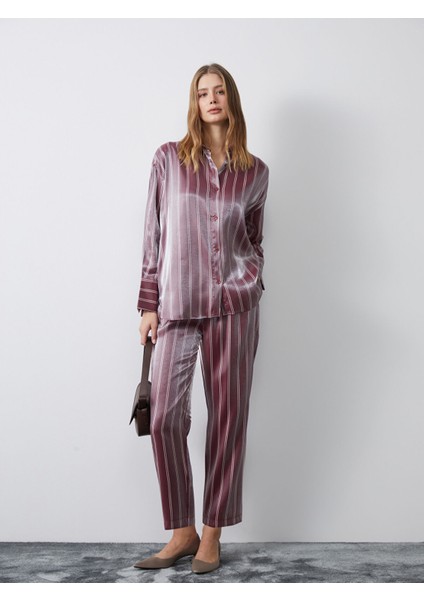 Yeni Sezon Çizgili Saten Kadın Pantolon