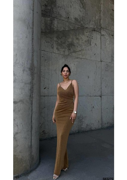 Flowers Esnek Kumaş Biye Askılı Pile Detaylı Abiye Elbise 583270 Gold fiyatları