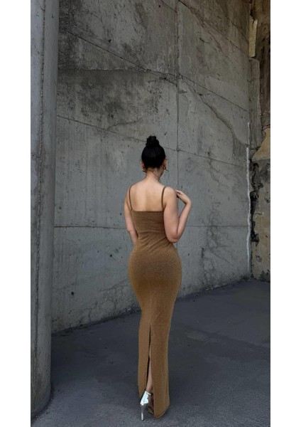 Flowers Esnek Kumaş Biye Askılı Pile Detaylı Abiye Elbise 583270 Gold modelleri