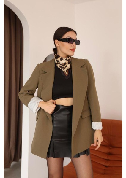 Çizgili Astar Detaylı Oversize Haki Blazer Ceket fiyatları