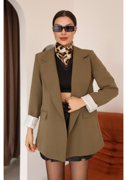 Çizgili Astar Detaylı Oversize Haki Blazer Ceket modelleri