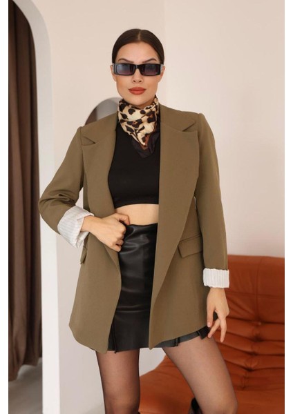 Çizgili Astar Detaylı Oversize Haki Blazer Ceket fırsatları