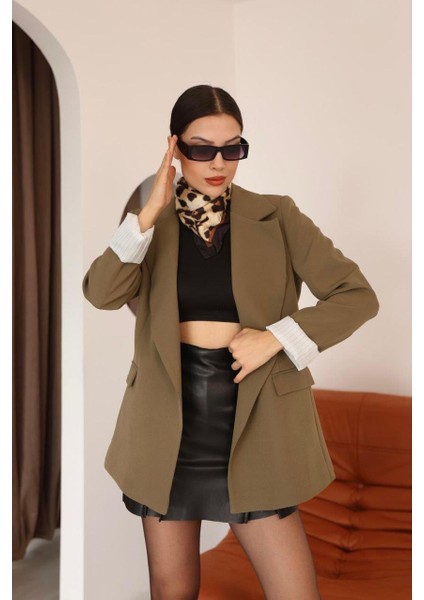 Çizgili Astar Detaylı Oversize Haki Blazer Ceket indirimleri