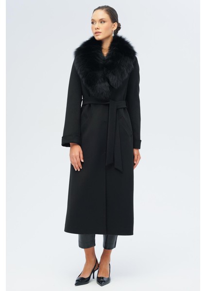 Çıkabilir Kürklü Belden Bağlamalı Uzun Kaşmir Kaban Siyah 3133-TK