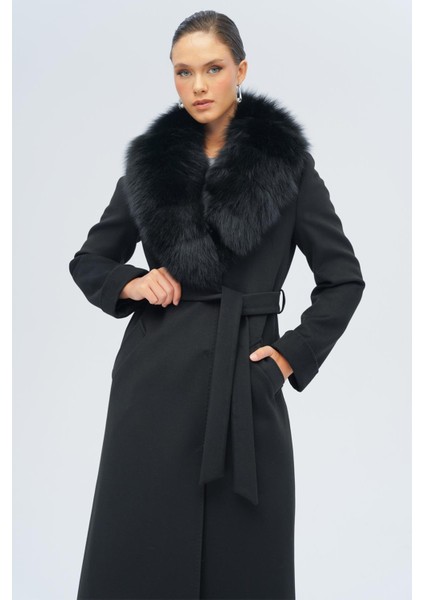 Çıkabilir Kürklü Belden Bağlamalı Uzun Kaşmir Kaban Siyah 3133-TK fiyatları