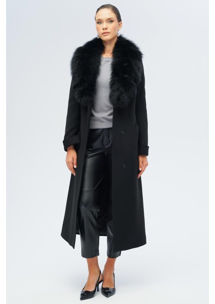 Çıkabilir Kürklü Belden Bağlamalı Uzun Kaşmir Kaban Siyah 3133-TK modelleri