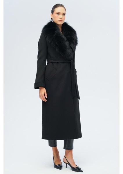 Çıkabilir Kürklü Belden Bağlamalı Uzun Kaşmir Kaban Siyah 3133-TK indirimleri