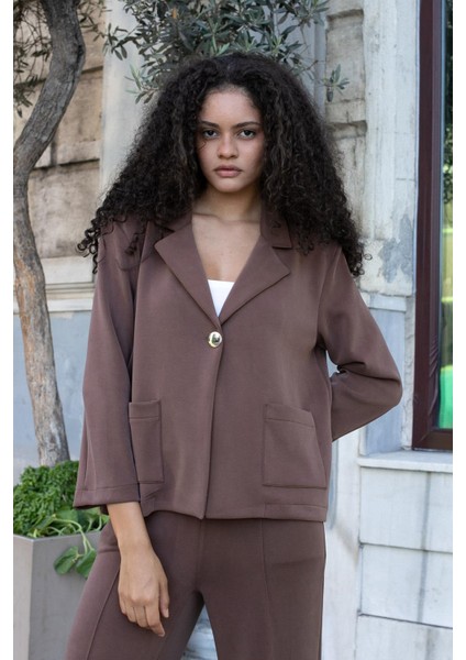 Kadın Modal Ipeksi Yakalı Kapri Kollu Cepli Pili Kaşeli Ceket Hırka Ceket -Kahve