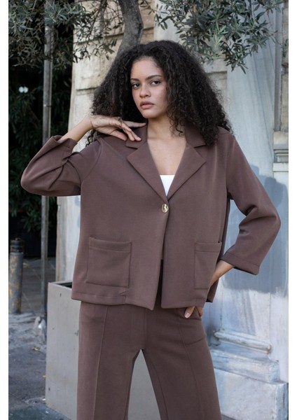 Kadın Modal Ipeksi Yakalı Kapri Kollu Cepli Pili Kaşeli Ceket Hırka Ceket -Kahve fırsatları