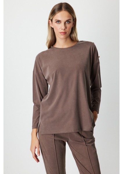 Omzu Düğme Detaylı Bluz Kahve 61394