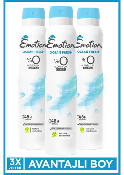 Ocean Fresh Kadın Vegan Deodorant 3X200 ml Hızlı Kurur, Leke Bırakmaz