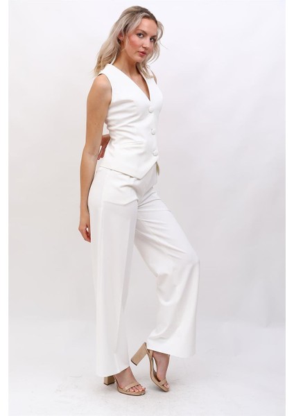 Klasik Yelek & Yüksek Bel Bol Paça Pantolon Takım-Beyaz